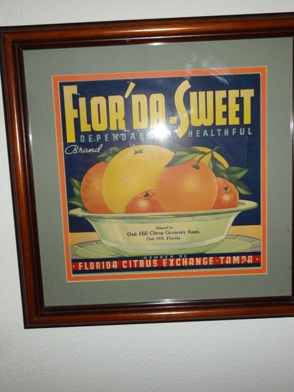 Flor'da Sweet Vtg label Oak Hill Citrus Print Artwork wood frame 2 mats Florida